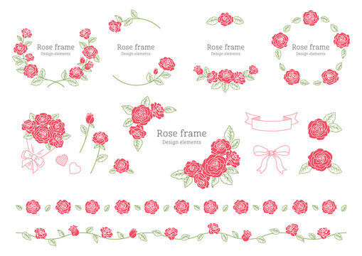 薔薇の花のデザイン用の装飾要素, フレームと挿絵のイラスト素材セット, ピンク色. バレンタインや結婚式のバナー, カード, ラベル, グラフィック.