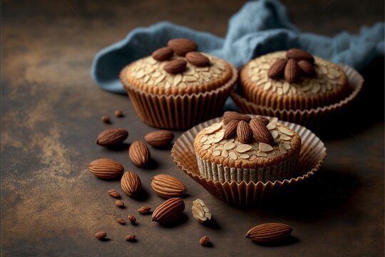image of Gluten Free Almond Muffins topped with sliced walnuts. generative AI