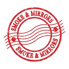 SMOKE & MIRRORS, text written on red postal stamp.