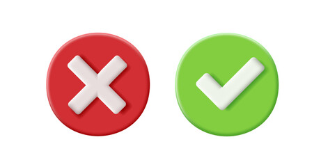 Obraz premium 3D icon of a cross and a check mark in a circle, green and red color. Approved, rejected, true, false. Signs on a white background.