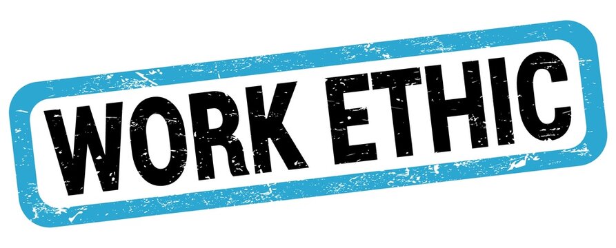 WORK ETHIC text written on blue-black rectangle stamp.