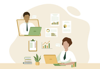 Business finance concept design with team of business people working online. Vector illustration of SEO solution and analysis of business data, presentations and marketing materials