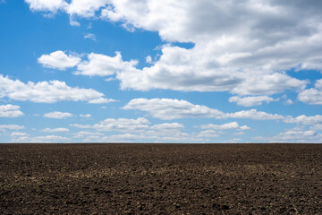 Plowed field with cloudy sky - fertile land scene
