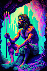 Obraz na płótnie Canvas A cyber punk, neon, purple lights cave with a harpoon man in it. Abstract portrait of a caveman. Illustration. Generative AI.