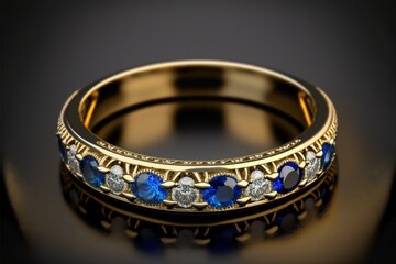 Gold round cut blue sapphire and diamond half eternity ring on black background created with generative AI technology