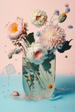 Fototapeta Underwater creative love concept of fresh Spring flowers in water background. Love is in the water, happy Valentine's Day. Pastel blue background. Illustration. Generative AI.