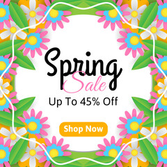 spring sale banner with flowers and leaves. seasonal business promotion background design. vector illustration