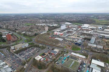 Harlow Essex town centre shopping centre  UK Aerial drone view - obrazy, fototapety, plakaty