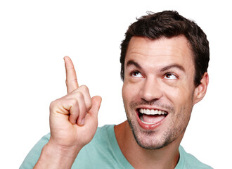 Funny, comic and face of a man with a hand isolated on a white background in studio. Crazy, thinking and excited cool person with an idea pointing, happiness and smile on a studio background