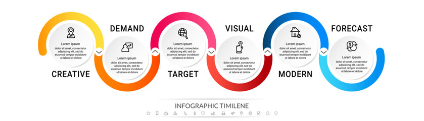 Business vector infographic design template. Circle timeline with icons and six arrows or steps. Used for process diagram, presentations, workflow layout, info graph, banner, flow chart