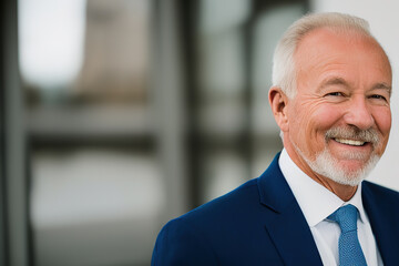 Smiling cheerful bearded mature old fashioned grey-haired businessman happy old senior businessman in office. head shot. Copy space