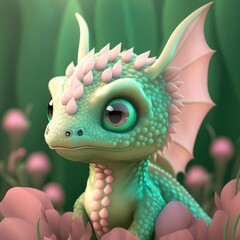 Cute baby dragon with light green scales. Children friendly. Generative ai.