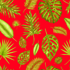 Fototapeta na wymiar Watercolor seamless pattern with tropical leaves. Beautiful allover print with hand drawn exotic plants. Swimwear botanical design. 