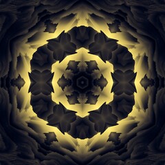 contrasting yellow gold hexagonal floral fantasy on a plain black background