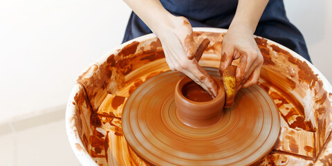 Master making a pot on pottery wheel, top view,banner
