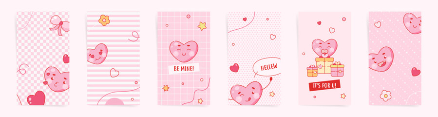 Valentine day stories banners cute template set. 14 February design for stories and promo posts. Design with cute hearts, gift presents and minimal patterns in white and pink colors set.