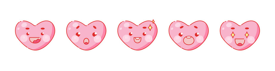 Cute heart shaped icons. Cuties with funny anime faces for Valentine's Day decoration. Pink vector emoji set. Happy, surprise and wow sale emotions emoji collection. 