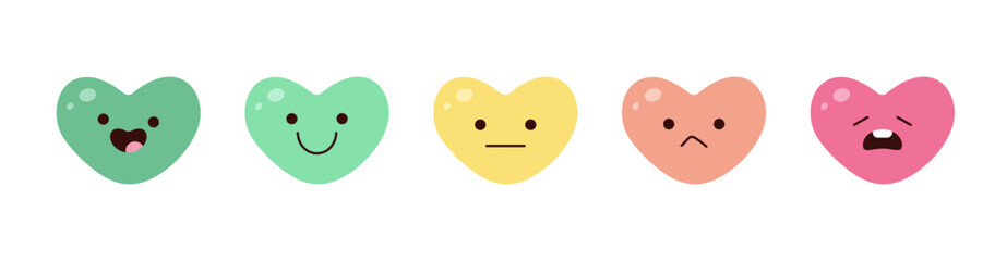 Feedback emoji heart shapes icons. Vector minimal design. Terrible, bad, normal, good, Great Review. Positive and negative reactions. Vector line of cute multicolored feedback hearts. Rating buttons