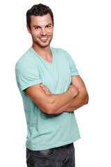 Man, portrait and happy model with a smile and arms crossed with isolated white background. Calm, happiness and vertical casual positive person with tshirt in a studio with mock up standing alone