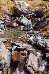 Small pond of crystal clear water with pebbles, sand and cobblestones between rapids of mountain gorge covered with autumn yellowed grass, vertical shot, Aosta, Italy