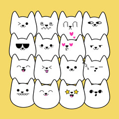 Vector cute happy smiling and sad cat character emoji set collection vector flat cartoon emoji illustration icon design.