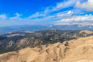 View of the Taurus mountains from a top of Tahtali mountain near Kemer, Antalya Province in Turkey