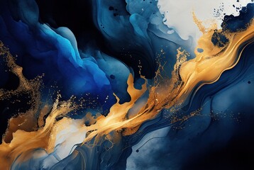 Obraz premium Abstract art blue and gold paint background, watercolor painting. Generative AI