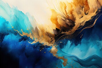 Abstract art blue and gold paint background, watercolor painting. Generative AI