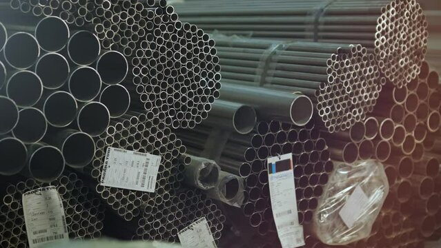 Round metal blank, metal blank, warehouse of metal billets at the factory.