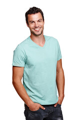 Obraz premium Portrait, smile and happy man with hands in pocket in studio isolated on a white background. Pride, cool and model male posing in tshirt clothes for trendy style and positive mindset for motivation