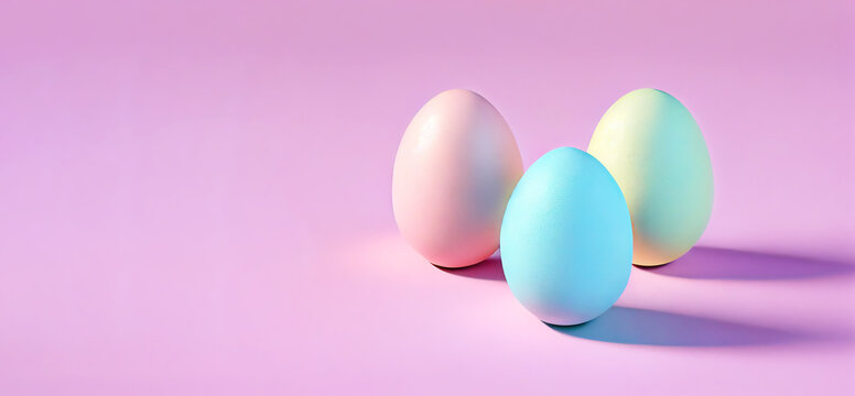 pastel colored easter eggs on pink background with copyspace - generative ai