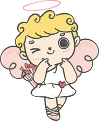 cute happy Valentine love cupid boy curly hair with arrow cartoon doodle hand drawing