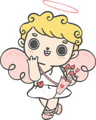 cute happy Valentine love cupid boy curly hair with arrow cartoon doodle hand drawing