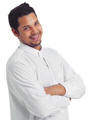 Muslim man, studio portrait and islamic culture isolated on white background for religion, arabic belief and faith. Happy moslem guy, eid mubarak and spiritual worship with smile, ramadan and fasting