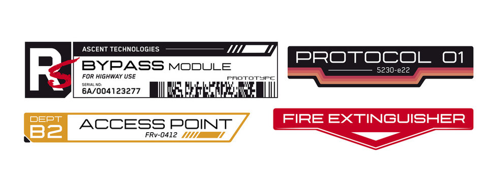 Cyberpunk stickers. Science fiction decals for futuristic design. Inscriptions and symbols.