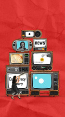 Contemporary art collage. Conceptual design. Set of retro TV screen making translation of news,...