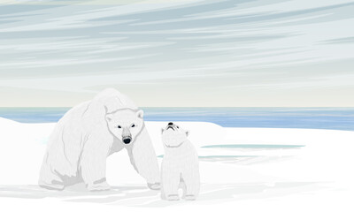 A polar bear and her cub are sitting on an icy ocean shore. Wild animals of the Arctic. Realistic vector landscape