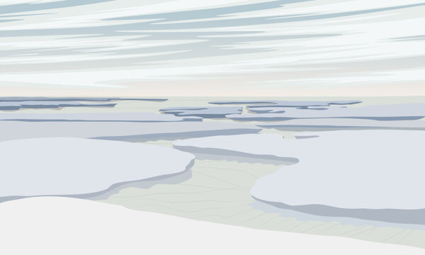 Large ice floes on the surface of a lake, river, sea or ocean. Nature in winter. North and Arctic Circle. Realistic vector landscape