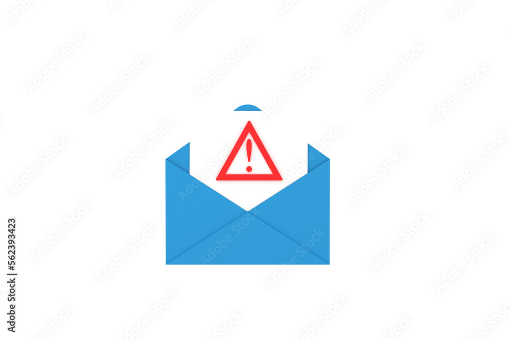 Poster 3d. dangerous email envelope with attached file with warning exclamation mark illustration,