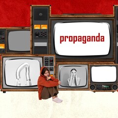 Contemporary art collage. Conceptual design. Sad young gil sitting in front of retro TV screens talking fakes, disinformation