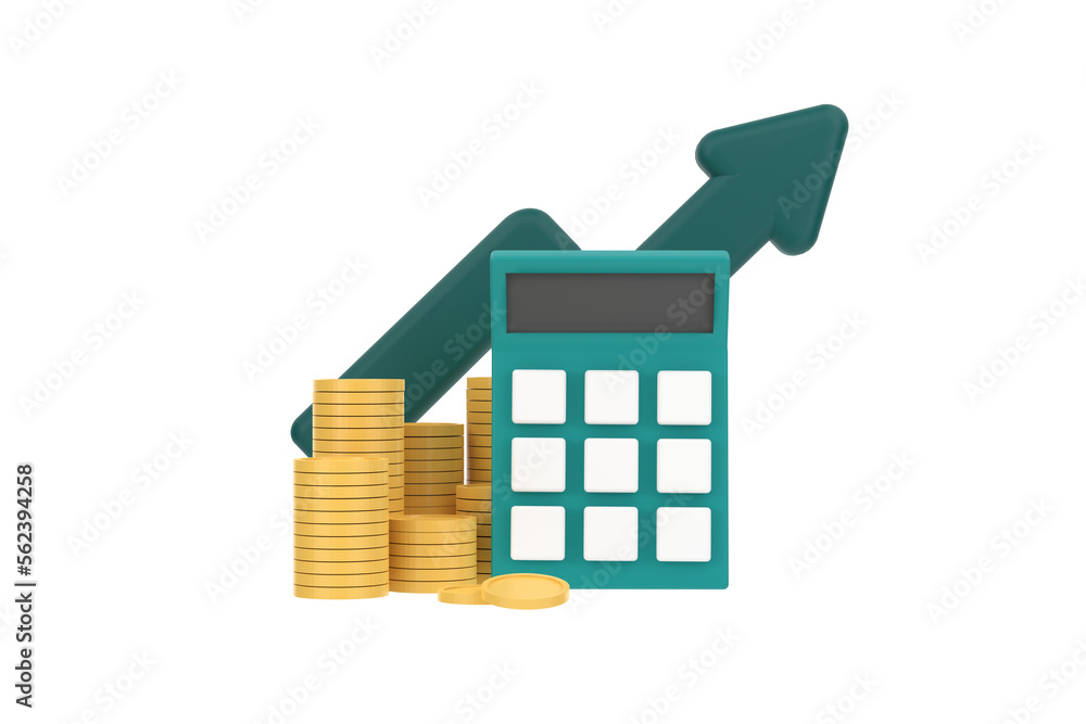 Poster 3d. minimal calculator concept of financial management. calculator with coins stack and arrow.