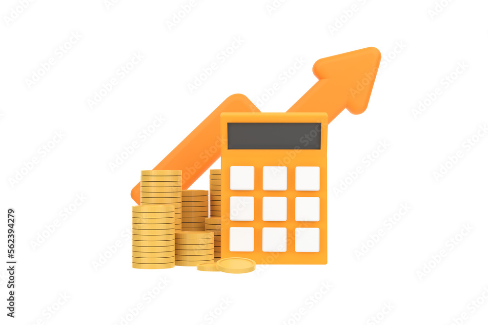 Poster 3d. minimal calculator concept of financial management. calculator with coins stack and arrow.