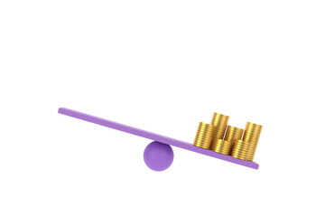 3D. golden coin on unbalancing scale. business finance concept.