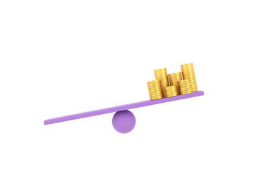 3D. golden coin on unbalancing scale. business finance concept.
