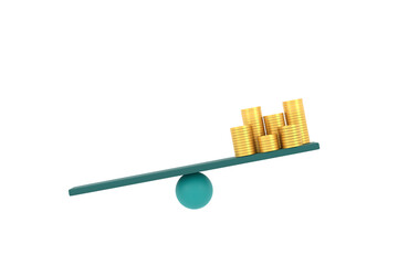 3D. golden coin on unbalancing scale. business finance concept.