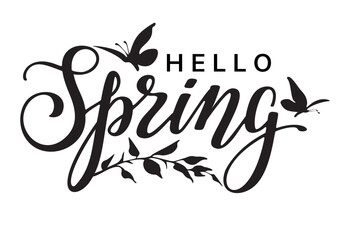Obraz premium Hello spring black lettering phrase with leaves and butterflies.