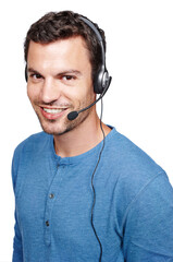 Customer support consulting, face portrait and man talking on contact us CRM, telemarketing or call center. Telecom microphone, customer service communication or consultant on white background studio