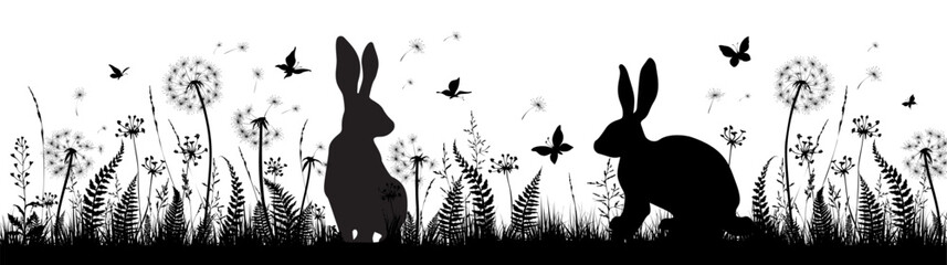 Floral background with silhouettes of rabbits, butterflies, fern and dandelions. Easter background.