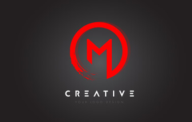 Red M Circular Letter Logo with Circle Brush Design and Black Background.