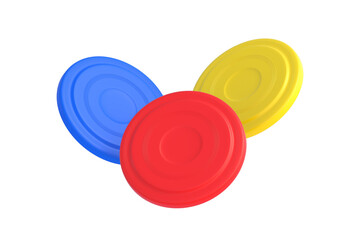 Frisbee disk isolated on white background. Plastic discs. Beach games. Outdoor activity. Summer entertainment. Toy for summertime vacation on sea. 3d render